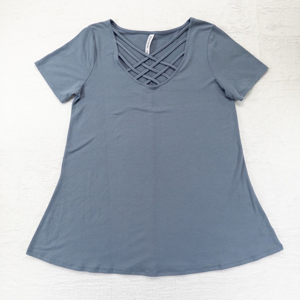 Zenana Premium Womens Top XL Blue Gray Lattice Crisscross Neck Short Sleeve Tee